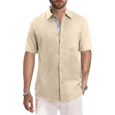 Imagem de JMIERR Camisa masculina de linho de algodão com botões e gola xadrez manga curta praia verão camisas com bolso, Bege, P