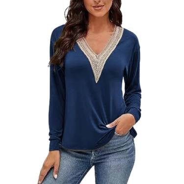 Imagem de Camisetas femininas casuais com decote em V e manga comprida soltas de outono 2024 túnica slim fit blusas elegantes, Azul marino, P