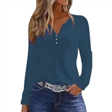 Imagem de Camisetas femininas casuais de manga 3/4, gola Henley, lindas túnicas, blusas com botões, caimento solto, pulôver 2024, Azul marino, XXG