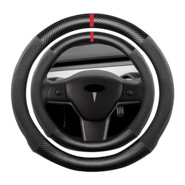 Imagem de K LAKEY Capa de volante de fibra de carbono de camurça, compatível com Tesla Model Y 36.2 cm couro de camurça macio toque esportivo antiderrapante acessórios interiores automotivos