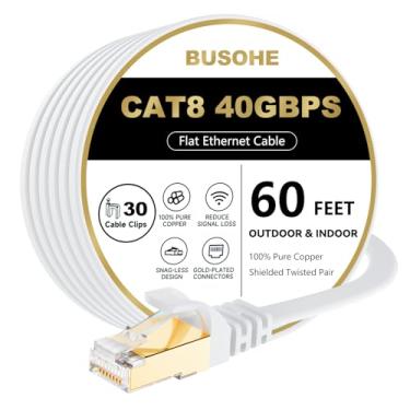 Imagem de Cabo Ethernet Cat8 plano BUSOHE de 18,2 m, 40 Gbps, 2000 MHz, de alta velocidade com conector RJ45 banhado a ouro, cabo de rede LAN com 30 clipes para roteador/jogos/computador, S/FTP