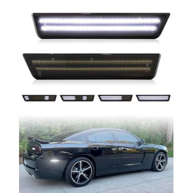 Imagem de PWOBVZ Luzes marcadoras traseiras de LED brancas dinâmicas para Dodge Challenger 2008-2014 e carregador 2011-2014, lâmpadas laterais de para-choque com lente fumê com fileira dupla, pacote com 2
