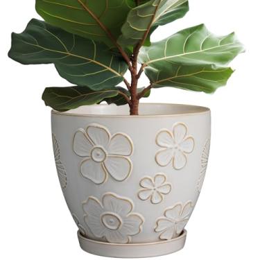 Imagem de MPotTo Vaso grande de cerâmica de 25,4 cm para plantas de interior, vaso de flores redondo ao ar livre com orifício de drenagem e pires para decoração de jardim doméstico branco