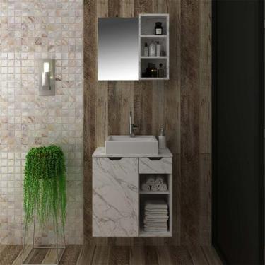 Imagem de Conjunto Lavabo com Espelho e Cuba Mármore Branco Tecno Mobili