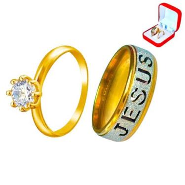 Imagem de Aliança Anel Jesus Banhada Ouro 18k 6mm + Anel Solitário 2mm Ouro 18k 
