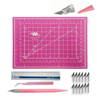 Imagem de Kit Base de Corte Pequena A-5 Régua 15cm Estilete de Precisão com Refi