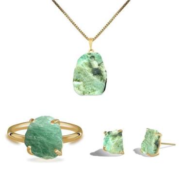Imagem de Conjunto Natura Esmeralda - Cristal Natural, Banho Ouro 18k