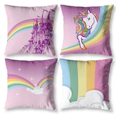 Imagem de Kit 4 Capas de Almofadas Cheias Decorativa Infantil Estampada Unicórni