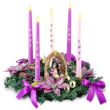Imagem de ElectricWise Suporte de vela de guirlanda do advento de Natal, guirlanda do advento de fita roxa com estatueta de presépio, 5 copos de vela de metal, para decorações de mesa de centro de mesa de Natal