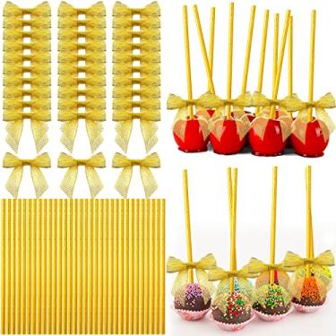 Imagem de Kit de 200 palitos e laços para bolos para picolés de bolo, doces, pirulitos, chocolates e cookies, inclui 100 laços de fita de cetim torcidos e 100 canudos de papel listrados para artigos de festa (dourado)