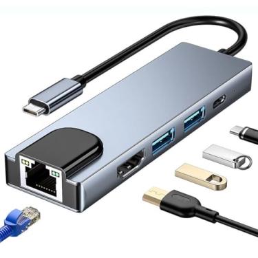 Imagem de Adaptador multiportas USB C Hub 5 em 1, hub USB C para Ethernet, adaptador USB C para HDMI com HDMI, porta Ethernet, porta USB 3.0, carregamento PD compatível com MacBook Pro/Air, Pad Pro, iMac, XPS e