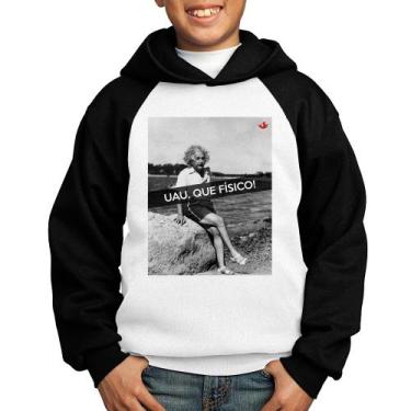 Imagem de Moletom Infantil Uau, que físico - Foca na Moda, Branco, Preto, 14