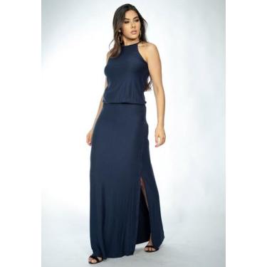 Imagem de Vestido Longo Malha Trapézio com Elástico na Cintura Azul Marinho - Am