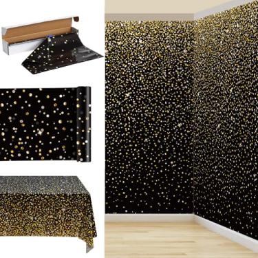 Imagem de Tiamon 137 cm x 11 m, toalhas de mesa pretas e douradas, pano de fundo de foto com glitter, rolo de cobertura de mesa descartável, com caixa de corte, toalha de mesa de plástico com bolinhas douradas,