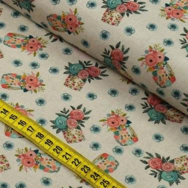 Imagem de Tecido Estampado Para Patchwork - Costura Retrô : Potes com Flores (0,