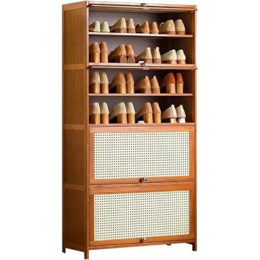 Imagem de Armário de sapatos de bambu verde com portas de vime, organizador de sapatos de 10 camadas para entrada, corredor, banheiro e cozinha - Armário de armazenamento moderno de sapato, natureza, 8 anos-80