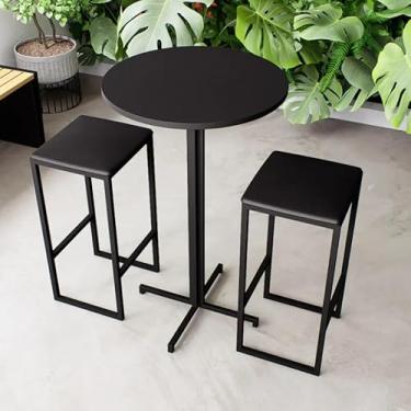 Imagem de Conjunto Mesa Alta Bar Bistrô Redonda Preta 2 Bancos Estofado Industrial Black (Branco)