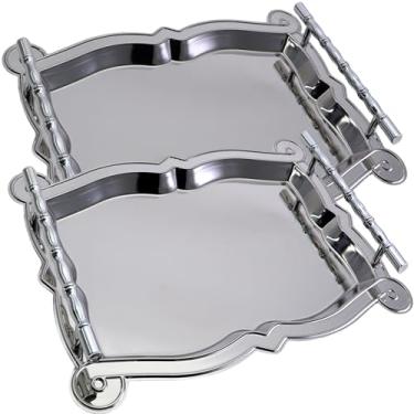 Imagem de MARO MEGASTORE (Pacote com 2 bandejas retangulares cromadas prateadas espelhadas de 33,8 cm x 23,9 cm com alças, borda floral simples, simples, decorativa, elegante, prato decorativo para decoração de