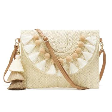 Imagem de WEIMZC Bolsa de palha pequena para mulheres bolsas de verão bolsa envelope de tecido de praia bolsa de ombro ráfia, bolsa transversal de palha boho, Bobbles bege