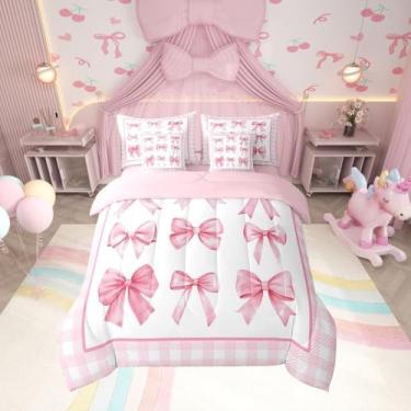 Imagem de Conjunto de cama Queen, com laço rosa, 7 peças, xadrez, geométrico, patchwork, princesa romântica, chique (edredom + lençol de cima + 2 fronhas + 2 capas de travesseiro)