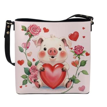 Imagem de HUGS IDEA Hoho Bolsa feminina transversal de couro Laides Bolsa de ombro, Pig Love Rose, Large