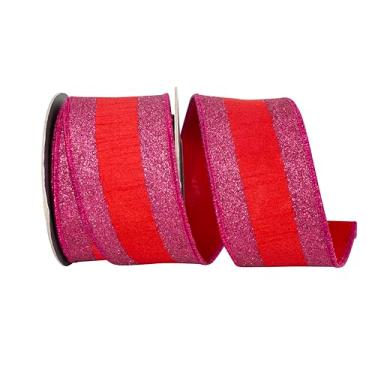 Imagem de Reliant Ribbon Fita de borda com fio Dupioni listrada com glitter, vermelho/fucshia