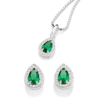 Imagem de Kit Rommanel Prata 925 Conjunto Brinco E Colar Gota Verde 840048