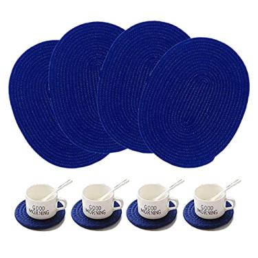 Imagem de Pacote com 4 jogos americanos ovais de tecido e conjunto de 4 porta-copos redondos, tapetes de mesa antiderrapantes resistentes ao calor para mesa de jantar e cozinha (azul marinho)