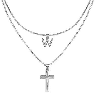 Imagem de ZENI Colar feminino com cruz delicada, banhado a ouro 14K, corrente em camadas, pingente inicial, cruz de zircônia cúbica, joia de fé cristã, presente de batismo, comunhão, para meninas, 16"+2