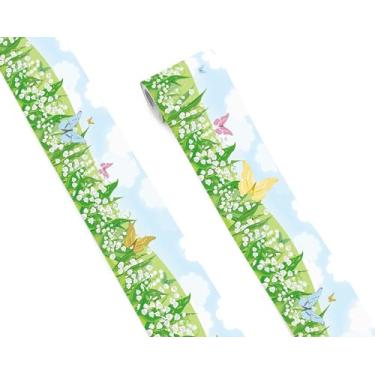 Imagem de FLFK Céu azul, nuvens brancas, borboletas, bordas de papel de parede removíveis para sala de estar, quarto, quarto de crianças, cozinha, banheiro, decoração 10 x 609 cm (verde)