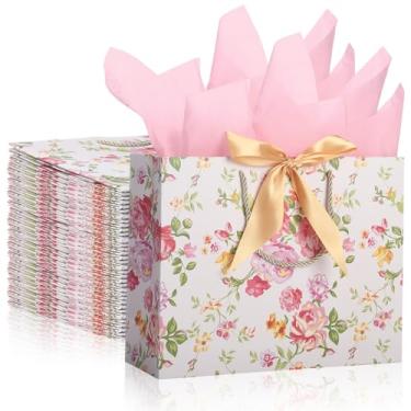 Imagem de Kolldenn Conjunto de 20 sacos de presente grande rosa rosa de 12,15 cm horizontal com alça de laço dourado e 60 peças de papel de seda floral vintage para mulheres meninas para comemorar aniversário
