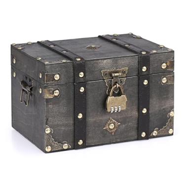 Imagem de ELLDOO Baú de tesouro de madeira com cadeado, caixa de lembranças vintage de pirata para presentes infantis, caixa decorativa de armazenamento de tesouros feita à mão para joias e moedas colecionáveis