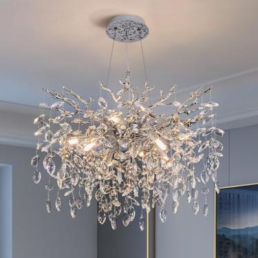 Imagem de witkey Lustre De Cristal Moderno Com Galho De Árvore, Luxuoso, Prateado, Pendente De Cristal, 23,6" Lustre Contemporâneo De 8 Luzes Para Sala De Jantar, Cozinha, Quarto, Sala De Estar