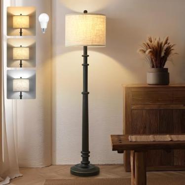 Imagem de EJIAXIN Luminárias De Chão Para Sala De Estar - Luminária De Chão De Resina Estilo Fazenda De 60" Com 3 Temperaturas De Cor - Luminária De Pé Vintage, Luz De Leitura Com Cúpula De Linho, Luminária A