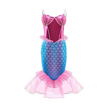 Imagem de e-super Mermaid Princess Dress for Girls Ariel Costume Cosplay Dress Up Flying Sleeve Tutu Dress Slip Dress of Summer (mermaid-pink, 6-7T)