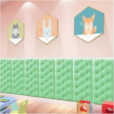Imagem de Painéis De Parede De Espuma Autoadesivos 3d, Decoração Revestida De Couro Anticolisão Papel De Parede Macio Para Parede Cabeceiras De Cama De Quarto De Crianças, Light Green, 9PCS