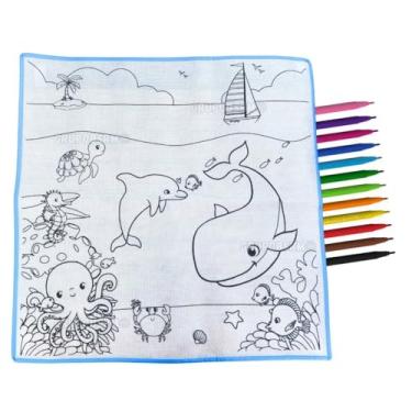 Imagem de Tapete Para Pintar Colorir Infantil Lavável Com 12 Canetinhas Hidrográficas Brinquedo Pedagógico Educativo Presente Menino Menina Criatividade Coordenação Motora Concentração (Fundo do Mar)