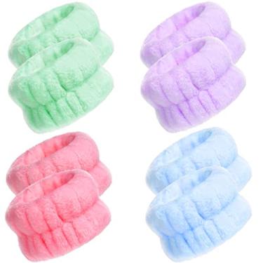 Imagem de 4 pares de pulseira de spa de microfibra para lavar o rosto toalha de pulso faixa de toalha de pulso scrunchies absorvente de pulso para mulheres evita que líquidos derramem (cores frescas, estilo clássico)