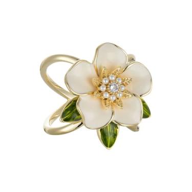 Imagem de Lindo anel de cachecol de seda com flor de gardênia para mulheres senhora elegante zircônia cúbica cristal pérola floral clipe xale cachecóis fecho fivela suporte anel faixa roupas envoltório vestido