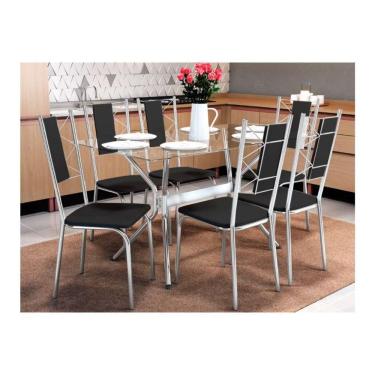 Imagem de Kit Mesa Loire C- Tampo Vidro 150cm + 6 Cadeiras Lisboa Cromado Courano Preto