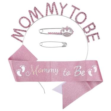 Imagem de Decoração de festa Mother to Be, kit de alfinetes de faixa de cabeça rosa suave para chá de bebê para mamãe mamãe faixa brilhante com strass, faixa de cabelo para mãe para ser presente de gênero para
