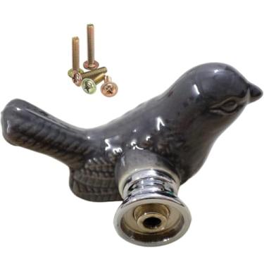 Imagem de Wannianmu Puxadores de porta de armário com design de pássaro fofo cinza, puxadores de gaveta de cerâmica com parafusos de montagem, puxador de armário vintage