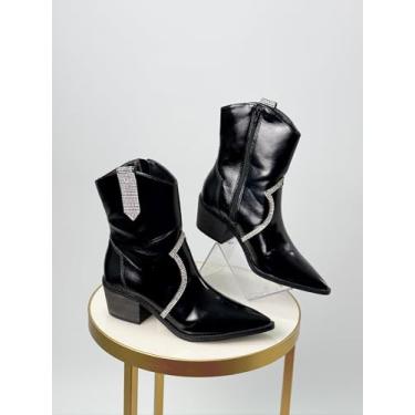Imagem de Bota Texana Feminina em Couro, Bico Fino, Cano Médio 12cm, Salto 4.5cm, com Strass, Marrom/Branco/Preto (PRETO, BR, Adulto, Numérico, 34)