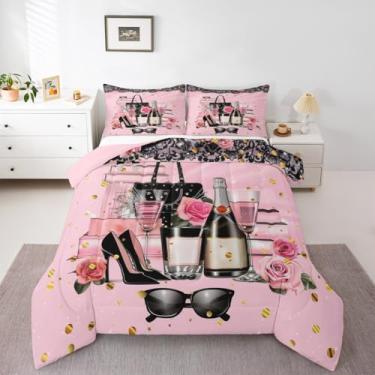 Imagem de Erosebridal Jogo de cama feminino moderno, rosa, feminino, moderno, para meninas, crianças, adolescentes, livro de revistas, rosa e flor, edredom de salto alto para maquiagem, perfume, enchimento