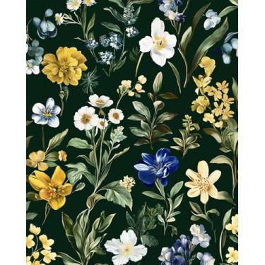 Imagem de Papel de parede floral verde escuro preto vintage boho folha colorida papel autoadesivo para banheiro quarto armário vinil impermeável removível fazenda dormitório amigável para locatários 44,5 cm x