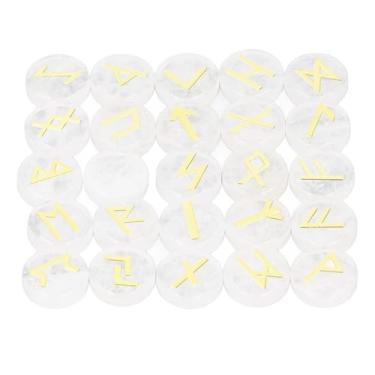 Imagem de Rodada Gravado Runa Pedras Set 25 Peças Símbolo Pedra para Yoga Meditação Presente do feriado Crafting Board Games Home Decor Artesanato Pedra Material Glossy Textura Dourada (Cristal branco)