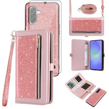 Imagem de Asuwish Capa de celular para Samsung Galaxy A56 5G Carteira com zíper destacável com protetor de tela transversal alça de cordão Bling Glitter Flip porta-cartões A 56 56A LTE mulheres homens meninas
