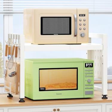 Imagem de Suporte de micro-ondas expansível, rack de forno de micro-ondas ajustável de 2 camadas com 10 ganchos e 2 suportes, prateleira de micro-ondas de aço carbono resistente para organizador e armazenamento