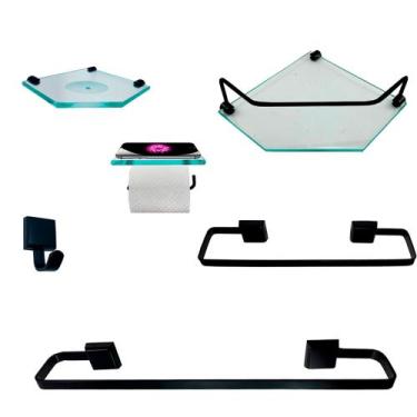Imagem de Kit Para Banheiro Platinum Luxo Premium Preto Vidro Sext Incolor - Lan