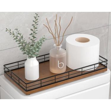 Imagem de Organizador de cesta de papel higiênico – Bandeja de vaso sanitário de madeira de carvalho com moldura de metal, parte traseira do tanque ou balcão de banheiro superior – decoração moderna em preto e